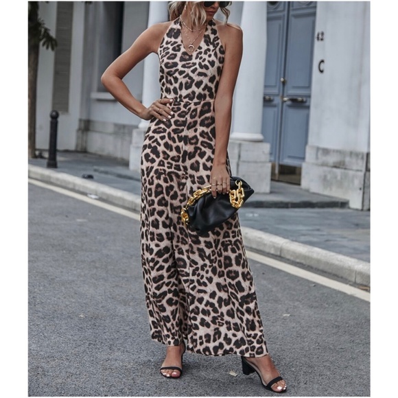 Bellanblue Pants - Boho Leopard Print Halter Wide Leg Jumpsuit Sexy